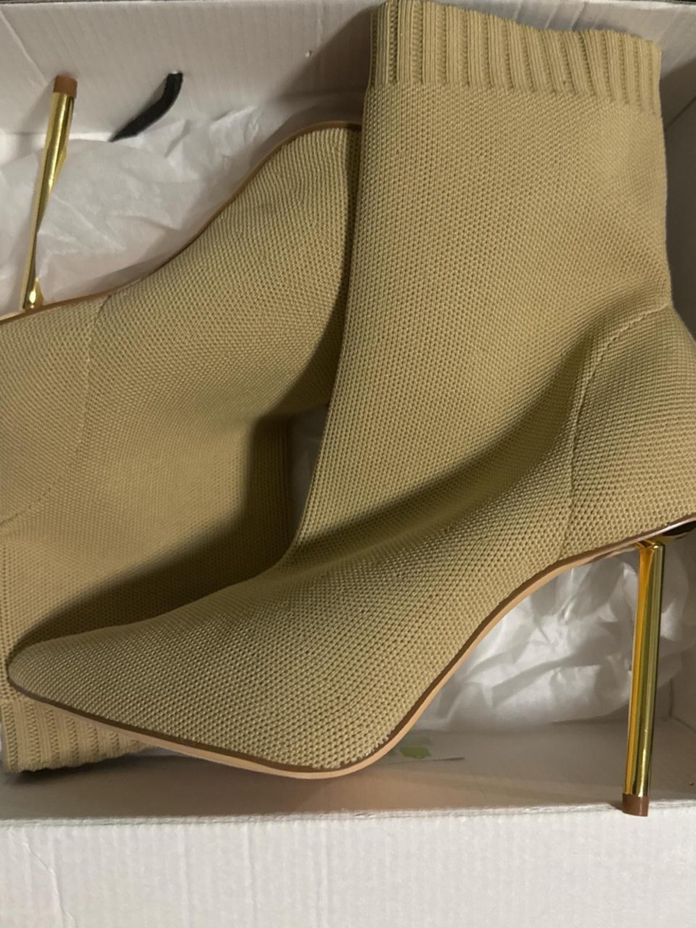 Fashion Nova Tan Knit Sock Stiletto Booties with Gold Heel
